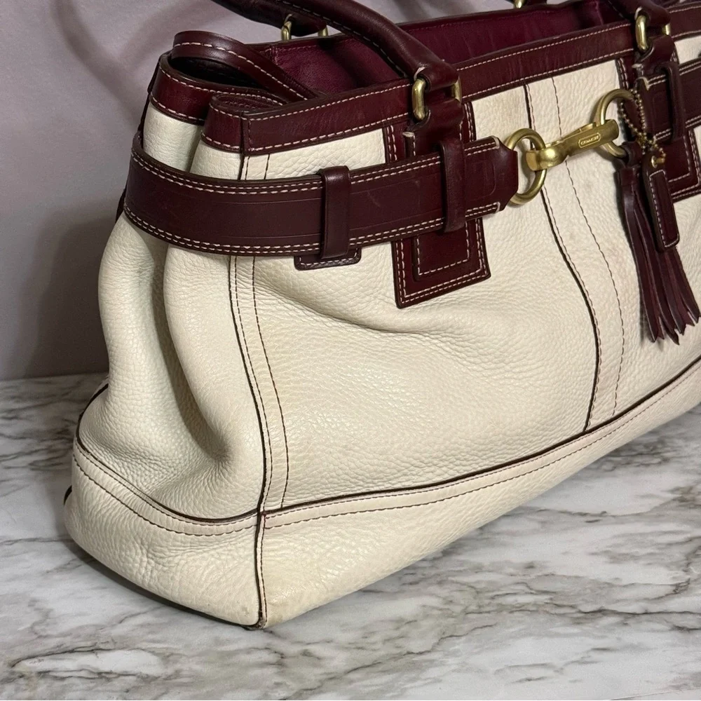 Y2K Coach Hamptons Carryall Shoulder Bag Ivory & Brown Pebble Leather Purse